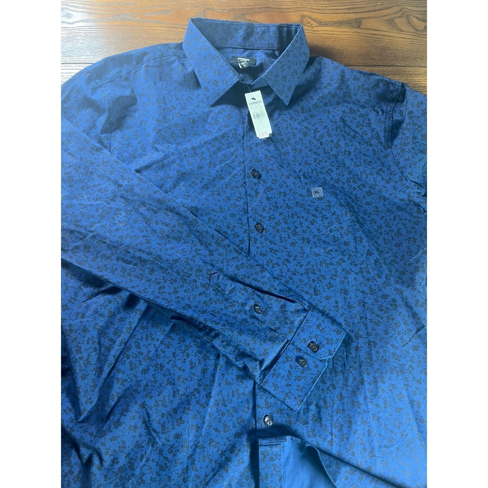 NEW Express Men's Long Sleeve Button-Up Shirt XL Blue Floral Woven Collared NWT